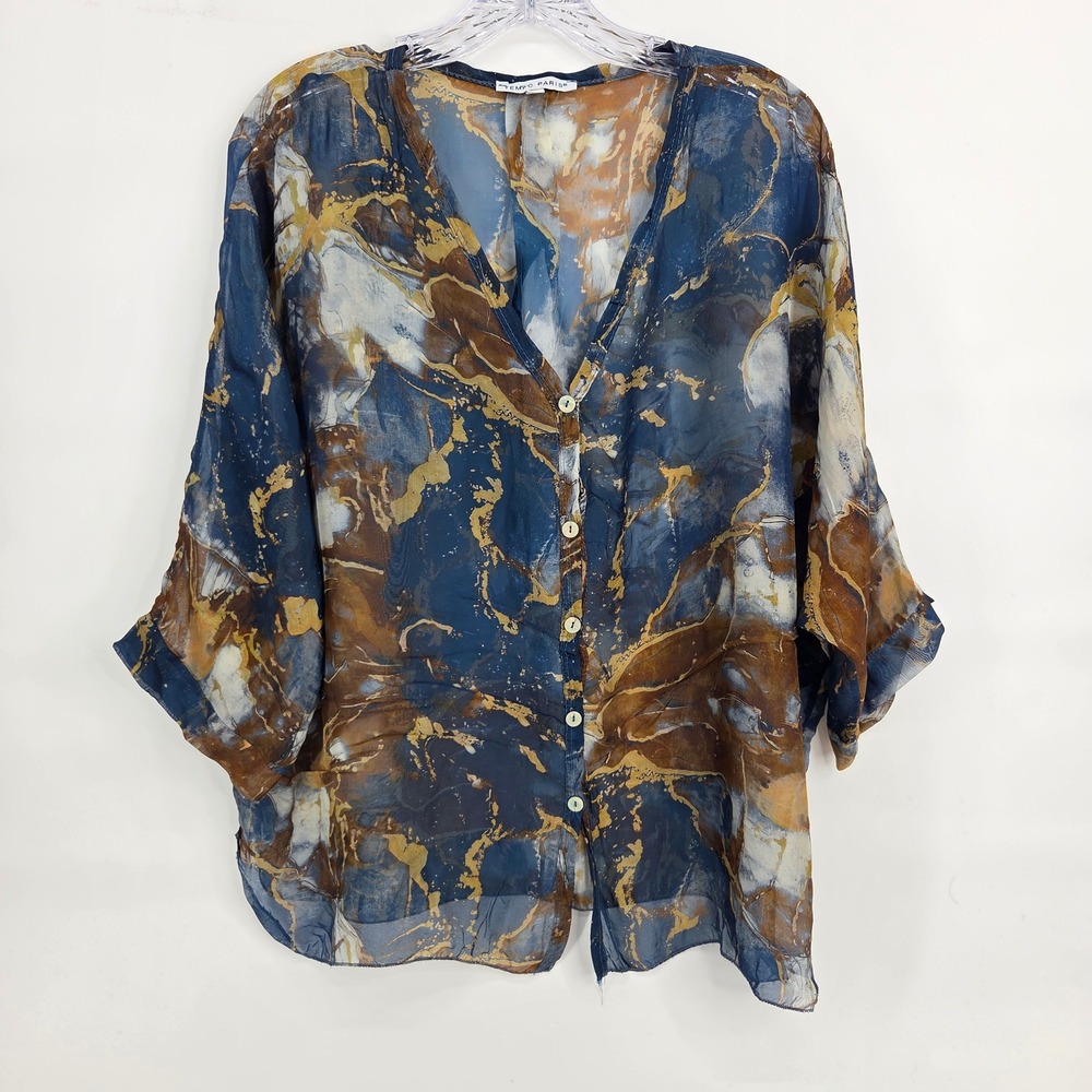 Tempo Paris Blouse S/M Blue Brown Abstract Silk Blend Art-Inspired Sheer Top